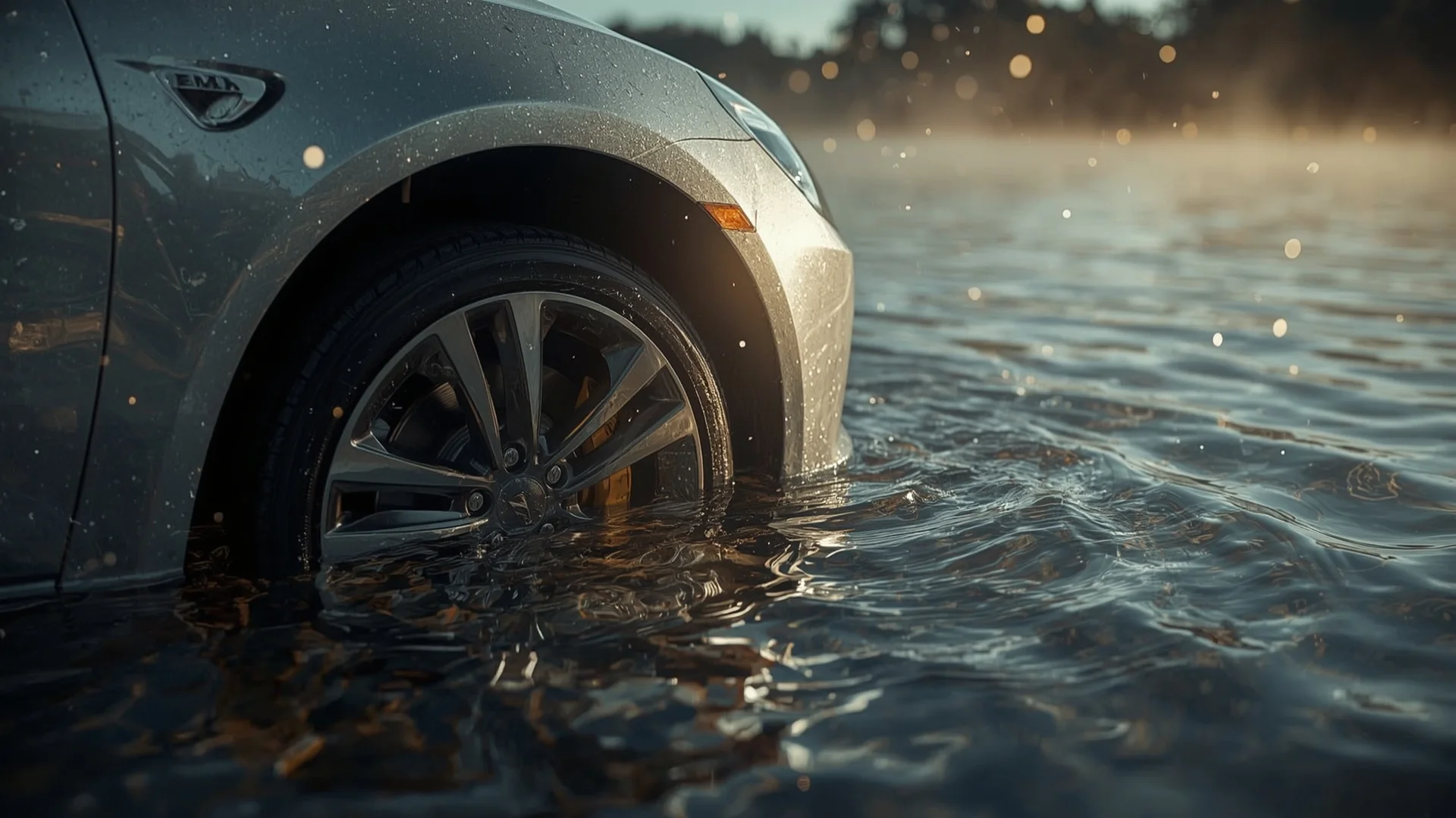 Water-damaged EV recovery steps introduction showing an electric vehicle submerged in rainwater