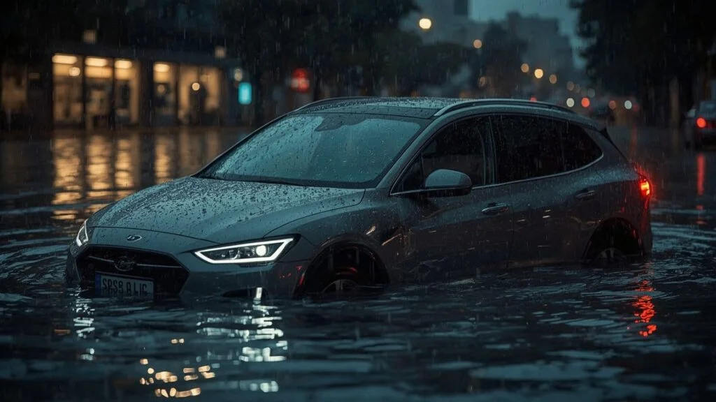 Water-damaged EV recovery steps — electric car submerged in rainwater, showcasing safe recovery procedures