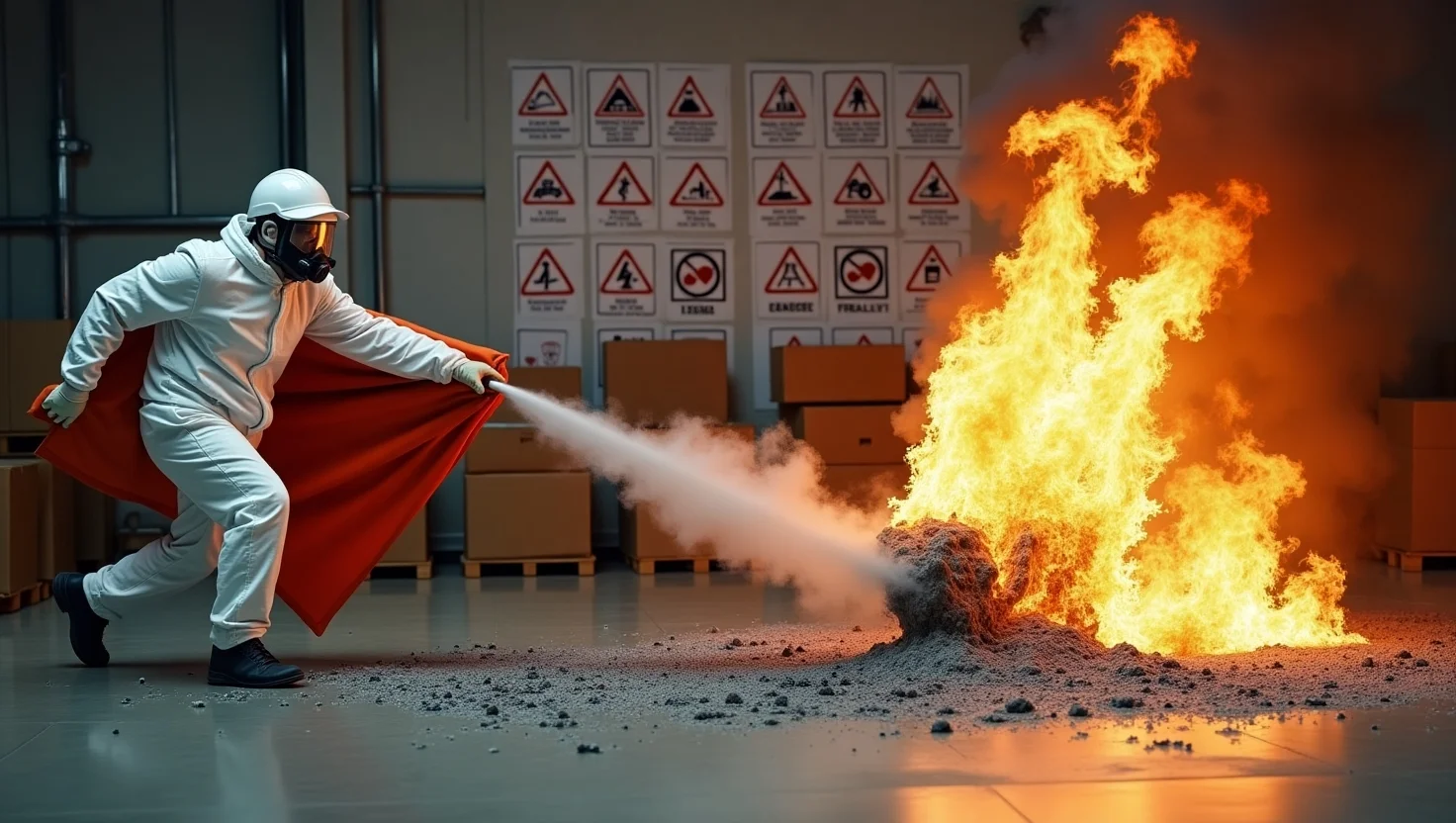 Worker handling lithium battery leak with safety gear in 2025 to meet OSHA and EPA compliance”