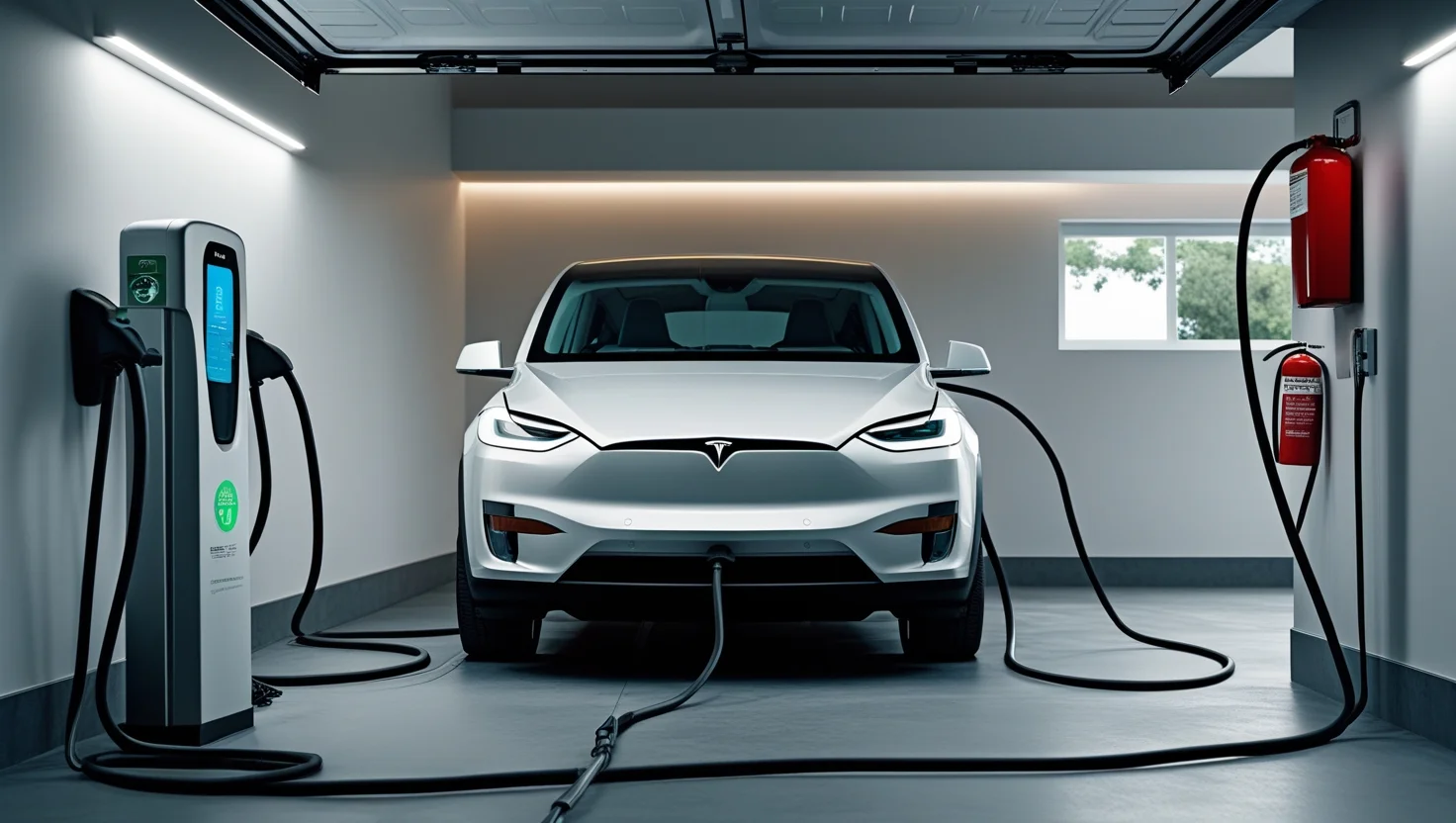 Tesla charging safely in a modern garage with certified smart charger, ventilation, and fire safety equipment"
