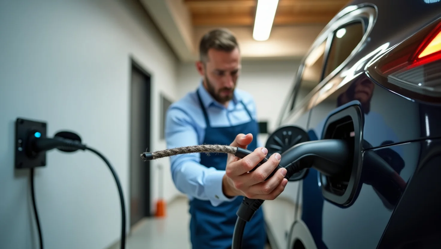 EV owner inspecting damaged EV charging cable at home charging station
