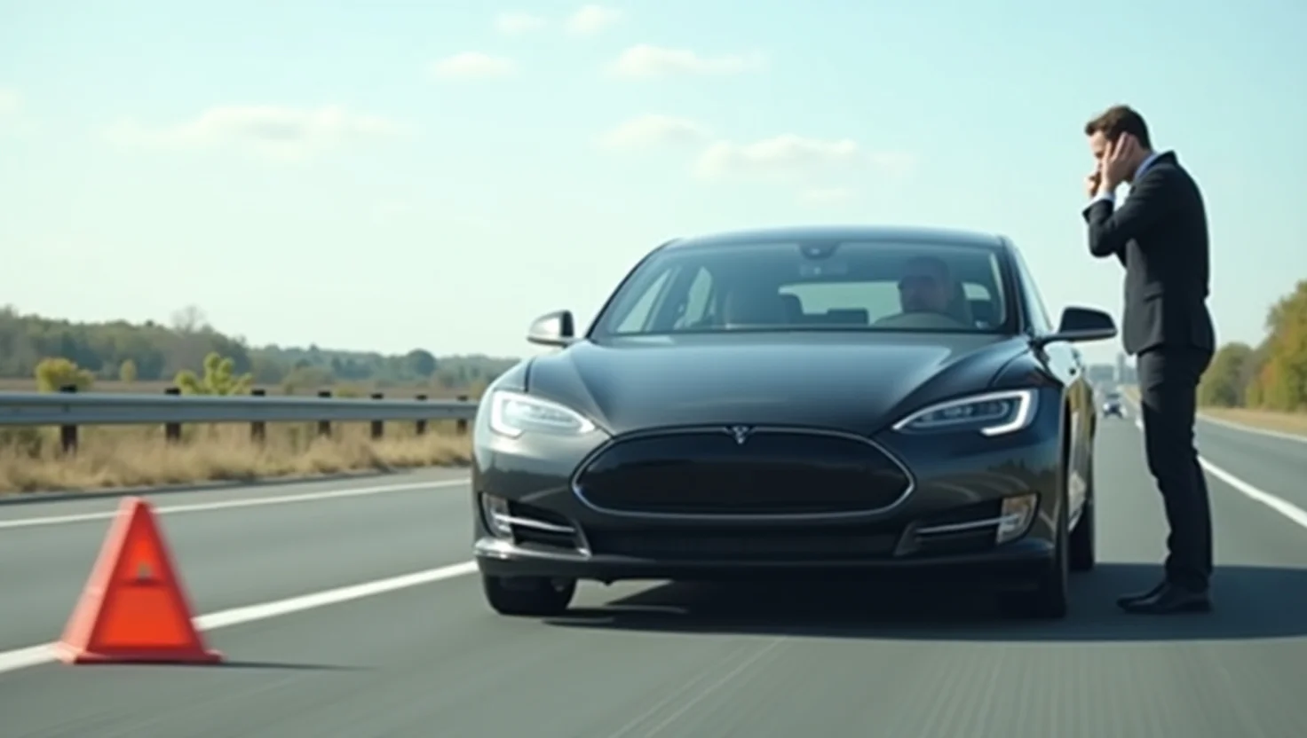 Modern EV roadside assistance scene with stranded electric car and driver in 2025