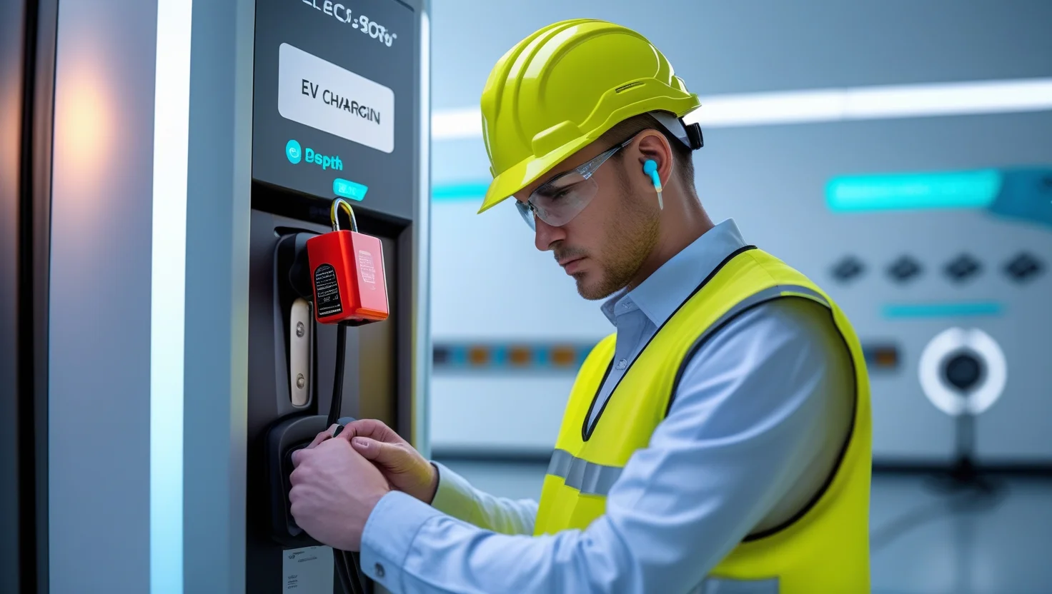 EV charging station lockout/tagout procedure being initiated by technician in 2025